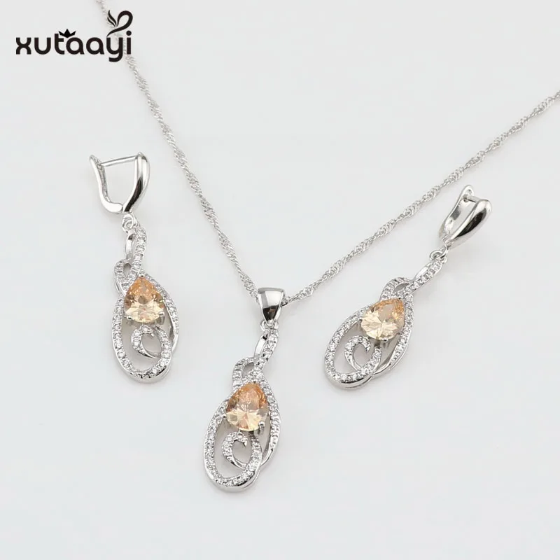 XUTAAYI  Sterling Silver colorcolor Jewelry Sets Orange Champagne Superb Necklace Rings Earrings/ For women Free box