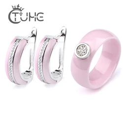 2019 U Shape Ceramic Earrings Rings Sets  For Women 8mm Smooth Lovely Pink Ceramic Stud Ear Women Jewelry Sets Wedding Jewelry