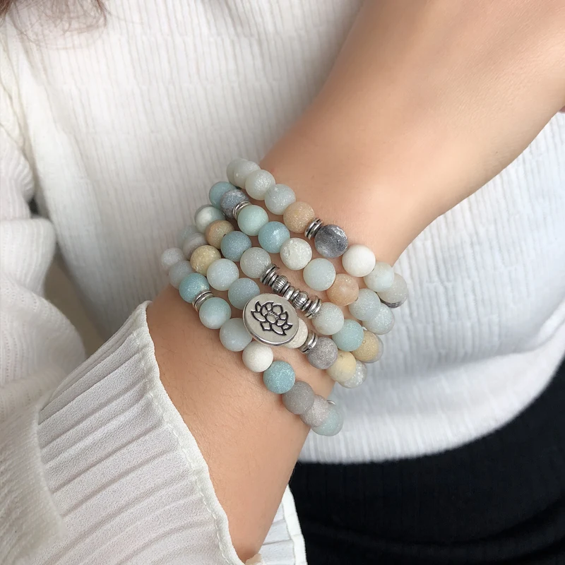 Yumfeel Natural Matte Frosted Amazonite Stone Bracelet OM Lotus Flower Buddha Charm Bracelet & Bangles Stone Jewelry