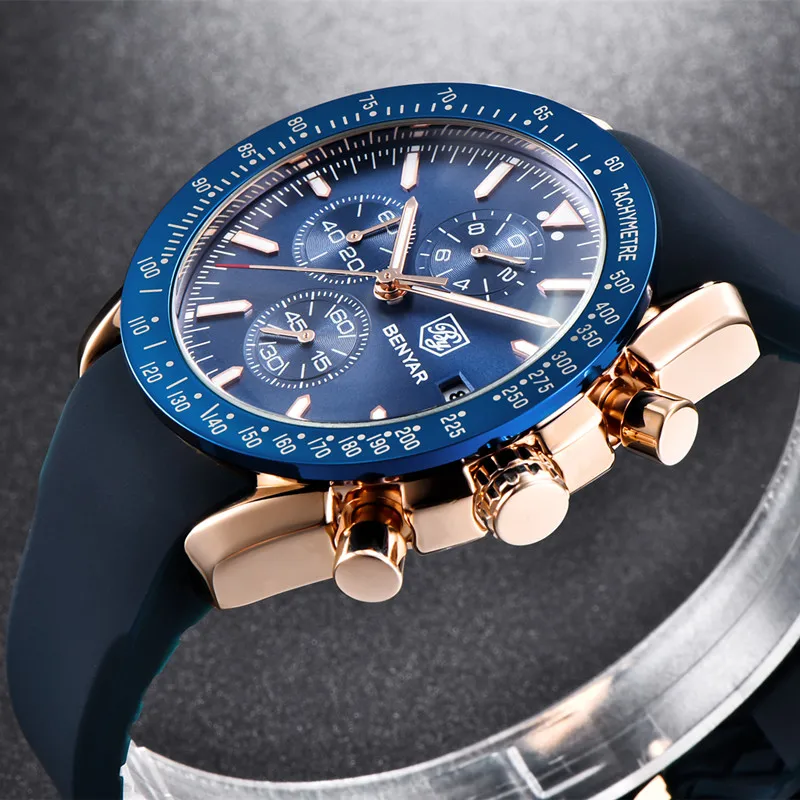 2023 Watch Men Luxury Brand BENYAR Mens Blue Watches Silicone Band Wrist Watches Men\'s Chronograph Watch Male Relogio Masculino