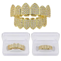 TOPGRILLZ Hip Hop Grillz Teeth Caps Gold Color Plated Luxury Micro Pave CZ Stones Top & Bottom Teeth Grills Set For Halloween