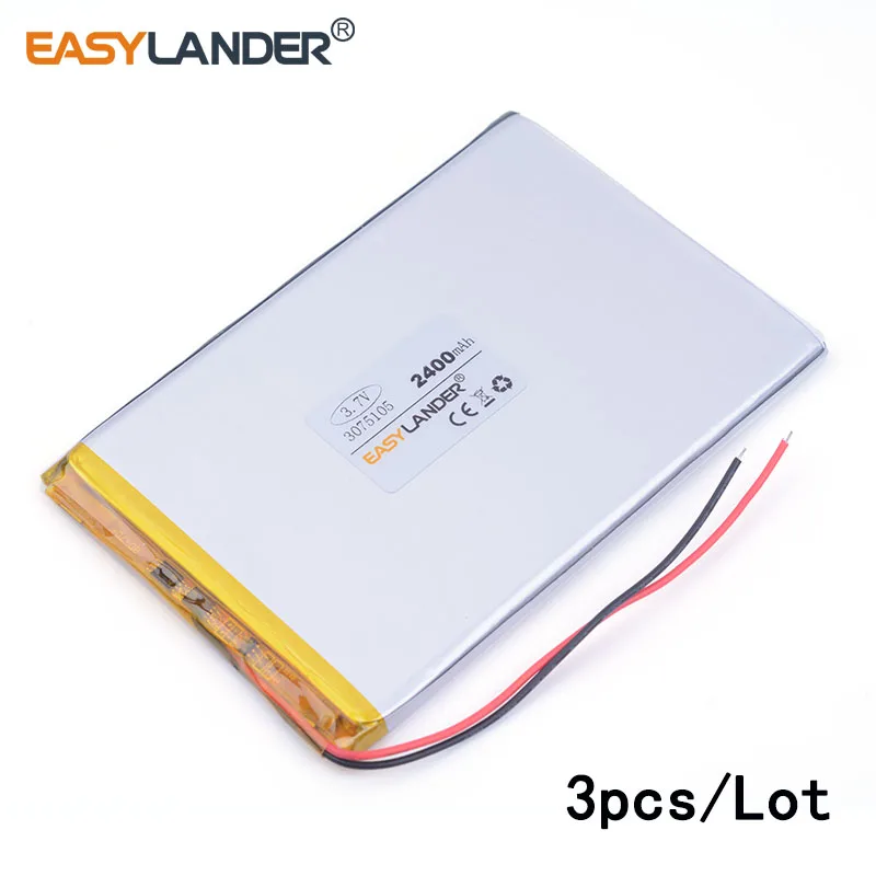 

3pcs /Lot 3075105 2400 mah lithium Li ion polymer rechargeable battery For Speaker E-book tablet pc power bank andorid phone