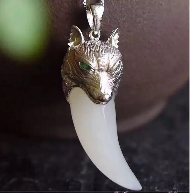 fine jewelry Hetian Jade Drop 925 Silver-inlaid Natural Hetian Jade Drop Wolf Tooth  pendant