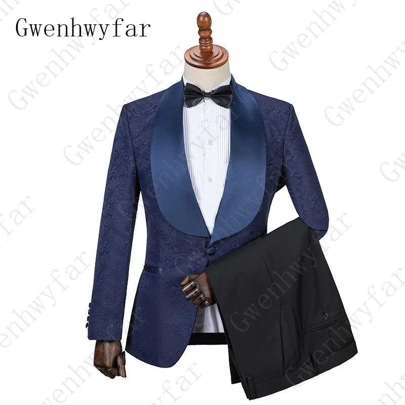 

Gwenhwyfar Mens Fashion Shawl Lapel 3 Pieces Set Navy Blue Yellow White Wedding Groom Suits Quality Jacquard Banquet Tuxedo