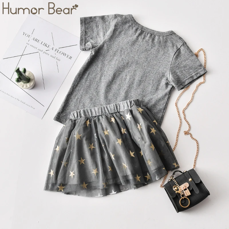 Humor Bear Girls Clothes Set Summer Short Sleeve Cartoon T-Shirt+Star Printed Skirt 2Pcs Kids Outfit