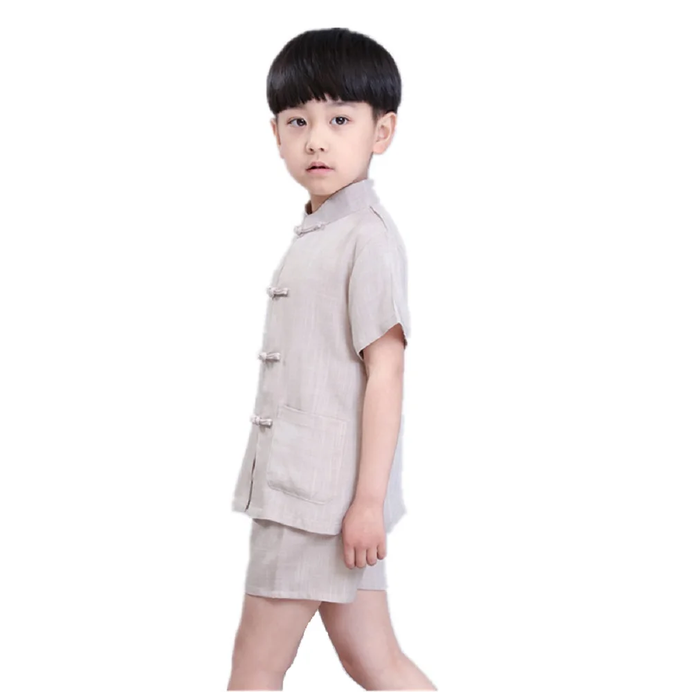 Kungfu Baby Boy Clothes Suits Chinese Traditional Costumes Children Tee Shirt Short Pant Tang Suit Linen Breathable Jersey Tops