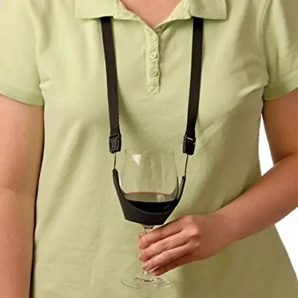 Party Time Wine Tasting Hand Free Wine Glass Lanyard Necklace - Set of 2 (BLACK)