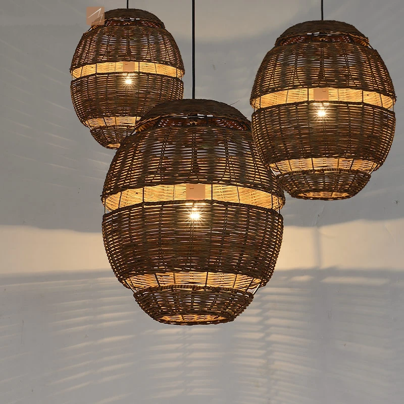 

Art Hollowed Egg Shade Pendant Lights Southeast Asia Living Dining Room Retro Plant Restaurant Coffee Hanging Lamps Luminaires