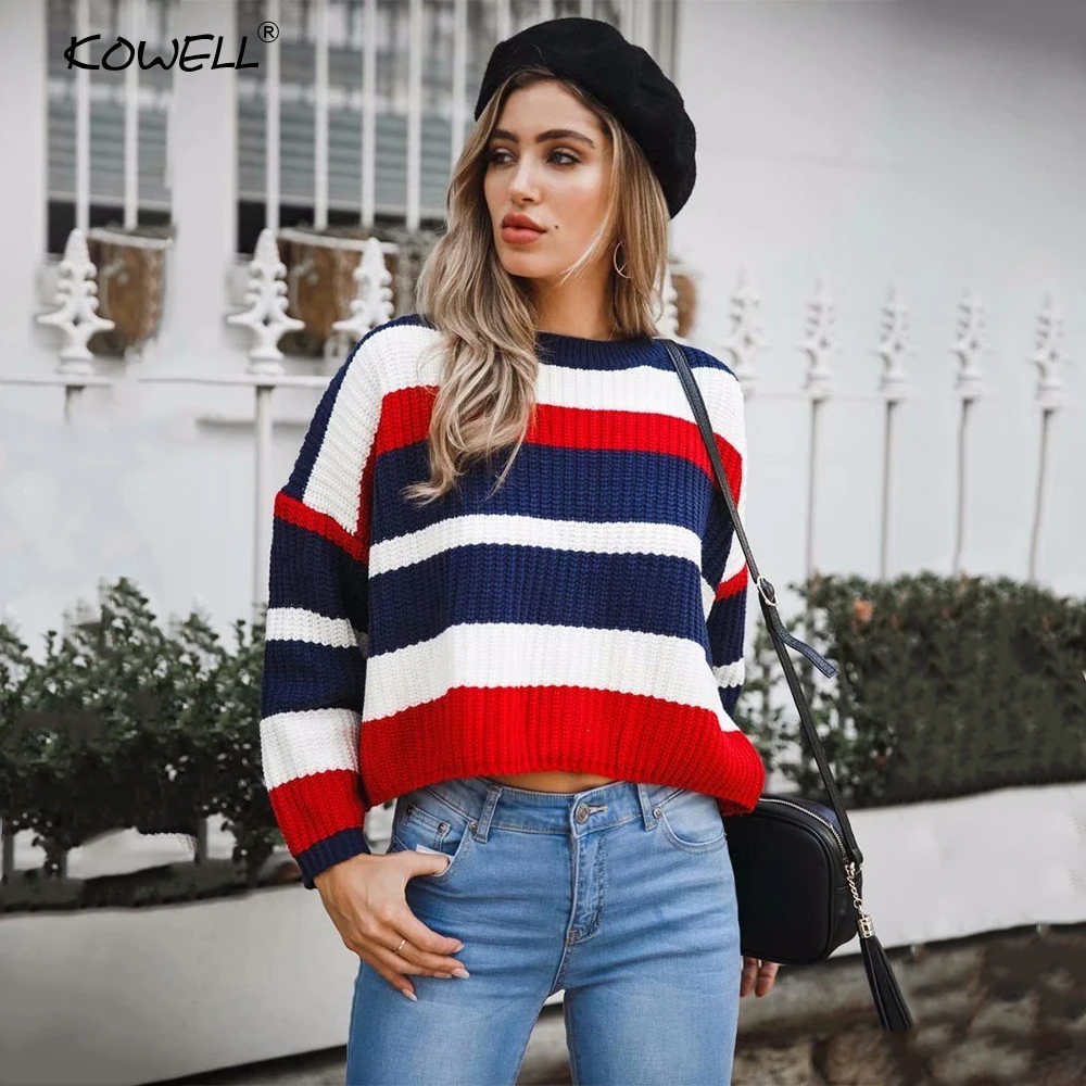 

Two Colors Patchwork Cotton Women Sweaters and Pullovers Autumn Winter Long Sleeve Knitted Loose Women Tops Casual Sweater Women