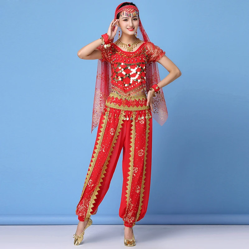 2019 Sari Dancewear Women Belly Dance Costume Set Indian Dance Costumes Bollywood Outfits (Top+belt+pants+veil+hairpin)