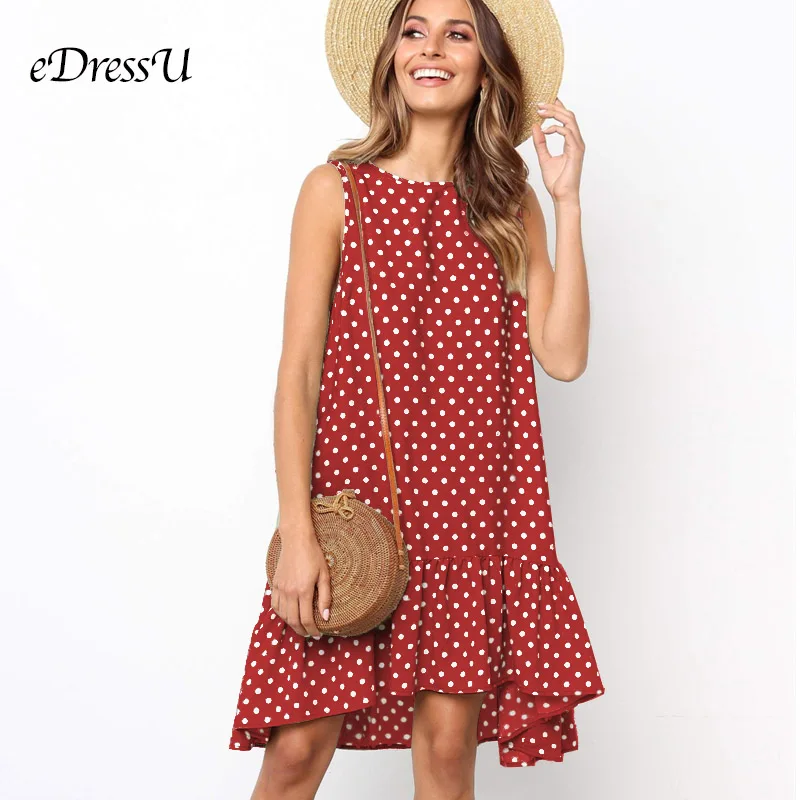 8 Colors Pink Polka Dot Dress Loose Sleeveless Ruffles Casual Summer Dress Knee Length Korean Daily Dress eDressU CLX-101112