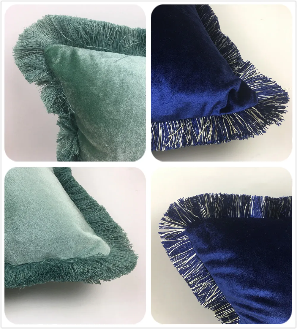 Luxurious Solid Brown Turquoise Blue Shiny Soft Velvet Cushion Cover Fringe Pipping Decorative Sofa Pillow Case 45 x 45 cm