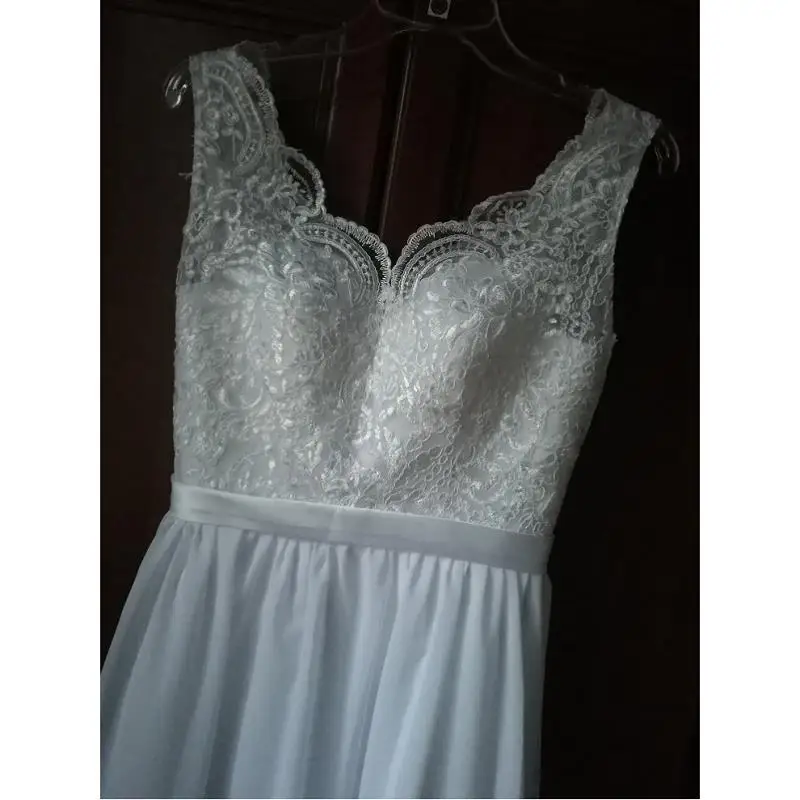 Vestido de casamento Ivory Lace A-line, Decote em V, Comprimento do chão, Chiffon, Trem da capela, mangas, fotos reais ou originais, Custom Made