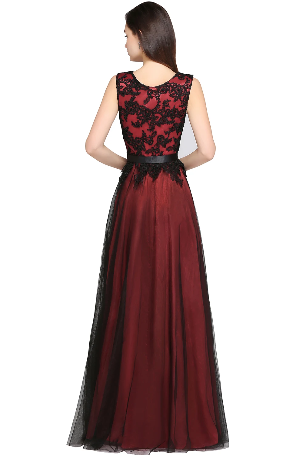 Robe de Soiree Longue Elegant Black Lace Red Evening Dress  Long Cheap Appliques Chiffon Evening Gown Vestido de Festa