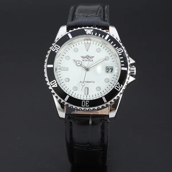 T-WINNER Round Calendar Watch Classic Diamond White Dial Stainless Steel Case Wristwatch Leather Band Mechanical Watch