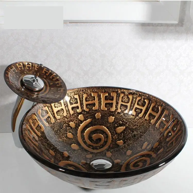 Brown round Bathroom Artistic Glass Vessel Vanity Sink Matching Waterfall Faucet