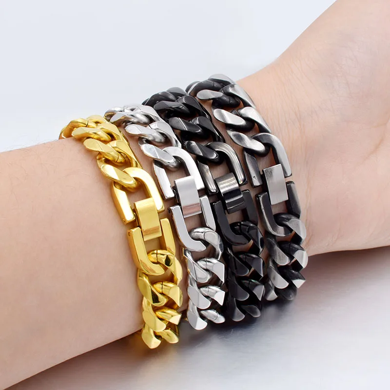 CHIMDOU 21cm 13mm Cool Fashion High Quality Stainless Steel Pop Punk Rock Style Round Chain Link Bracelet Men Jewelry AB713