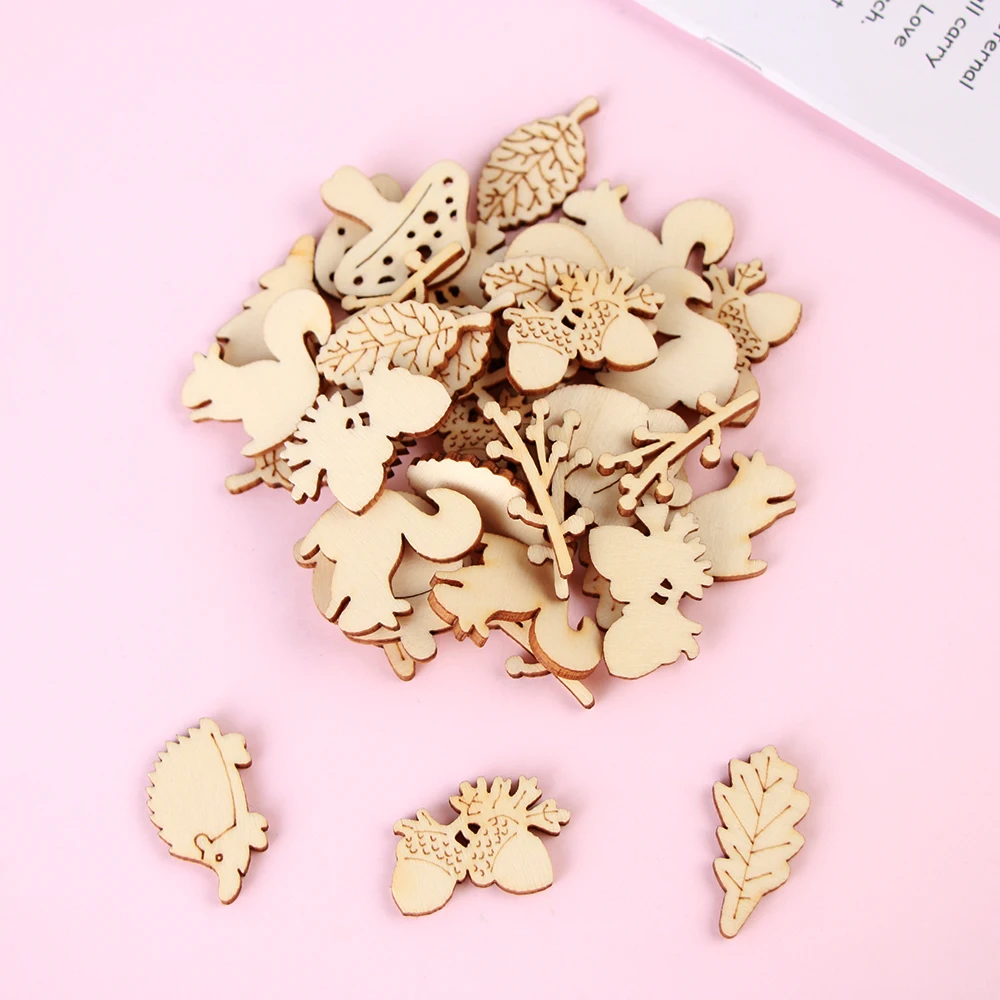 50pcs Unfinished Wood Cutouts Wood Animal Mushroom Leaf Shape Natural Wood Pieces for DIY Crafting Ornament Decorations