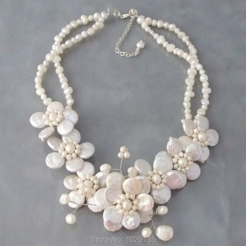 2rows white freshwater pearl  coin flower and baroque necklace 18inch wholesale beads FPPJ  FPPJ