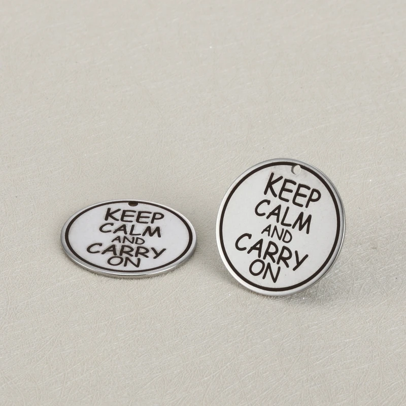 

BULK 30 High Polished Stainless Steel Keep Calm And Carry On Charms Inspirational Quote Pendant 25mm