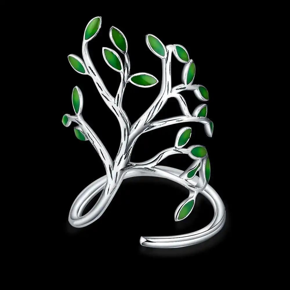 925 Sterling Silver Drop Glaze Leaves Open Rings For Women Handmade Prevent Allergy Wedding Engagement Adjustable Ring