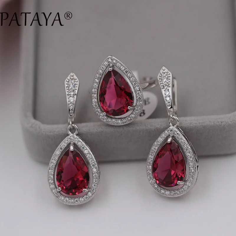 PATAYA True White Gold Color Jewelry Sets Green Water Drop Natural Zircon Earrings Ring Set Women Romantic Wedding Party Jewelry