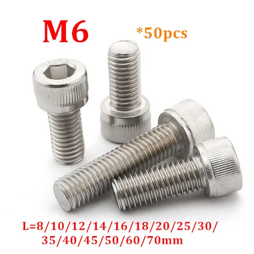 50pcs DIN912 M6 Hexagon Socket Head Cap Screw 304 stainless steel Hex allen socket head screw Bolts M6x8/10/12/16/20/25/30/35/40