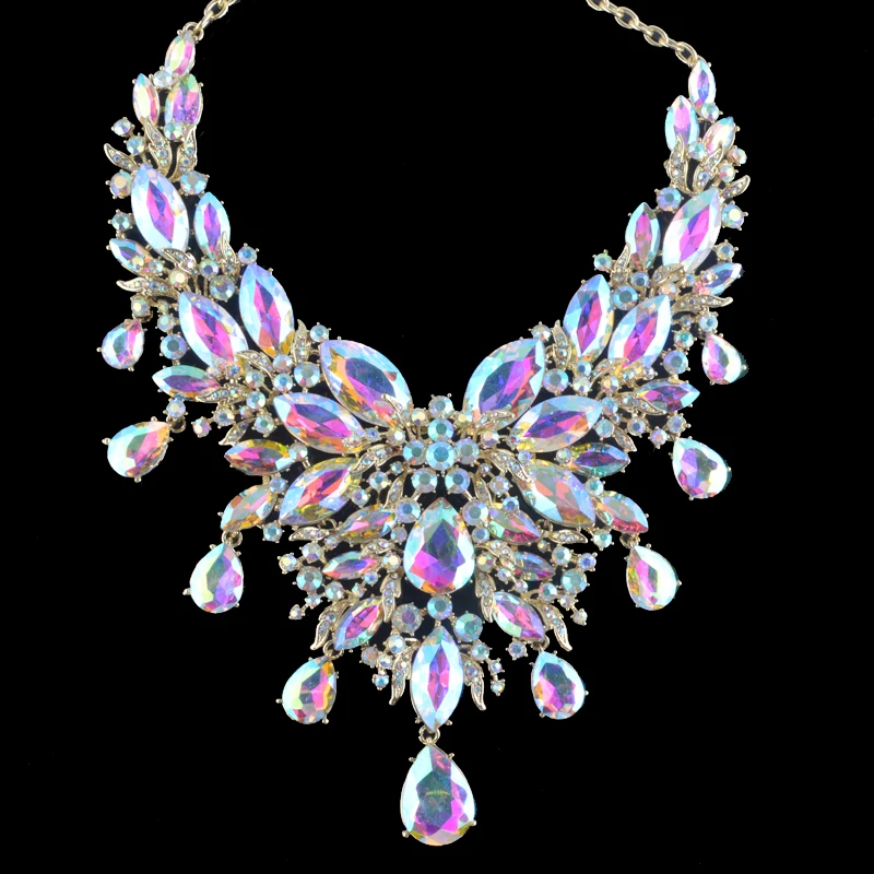 9 Color Women Rhinestone Pageant Jewelry Sets Pecock Style Fashion Bridal Party Wedding Dress Necklace Earrings Christmas Gift