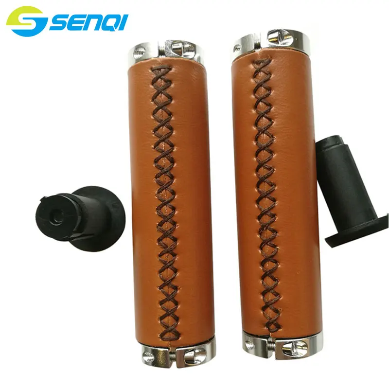 

New Arrival High Quality Brown Colour Shock Absorption Decoration Classic Bike Grips PU Leather Handlebars Grips BZT003