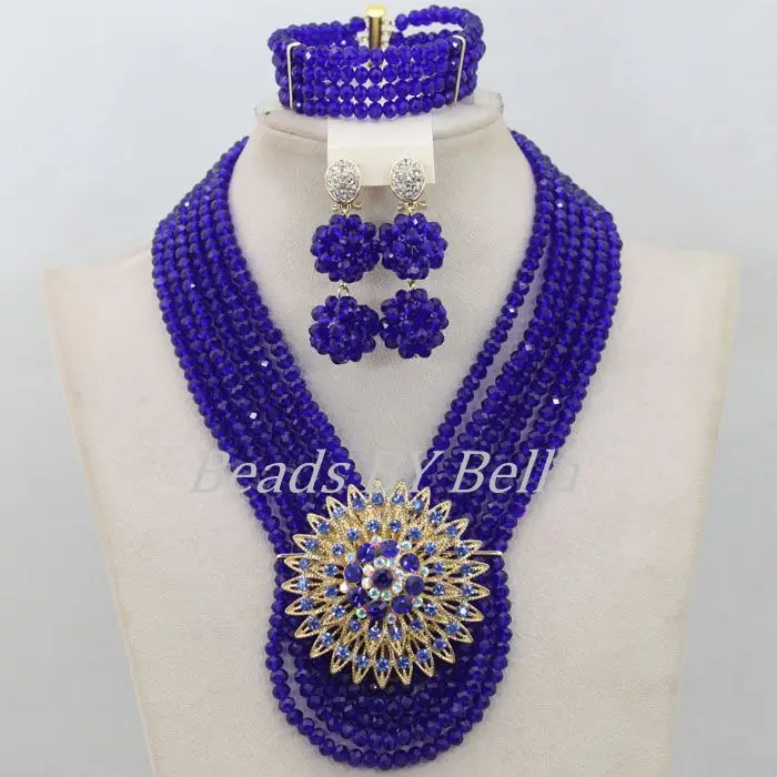 New Royal Blue African Beads Jewelry Set Nigerian Wedding Crystal Beads Necklace Bridal Lace Jewelry Sets  ABF521