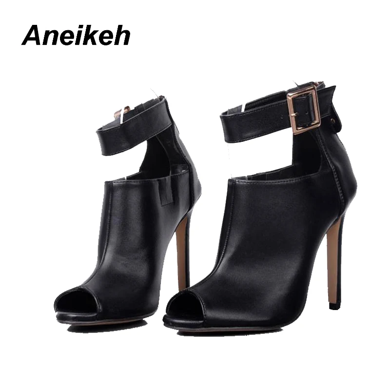 Aneikeh 2024 Summer Fashion Sexy PU Peep Toe High Heels Women\'s Cover Heel Metal Button Thin Heel Sandals Party Dress Zapatos