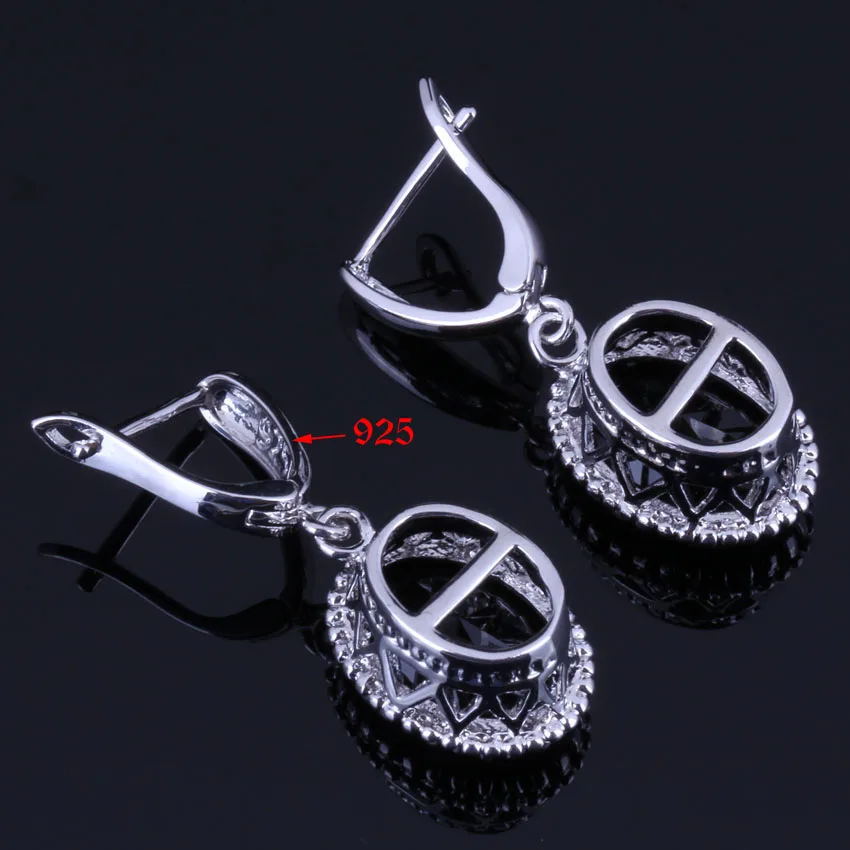 Heavenly Big Oval Black Cubic Zirconia Silver Plated Jewelry Sets Earrings Pendant Chain Ring V0264