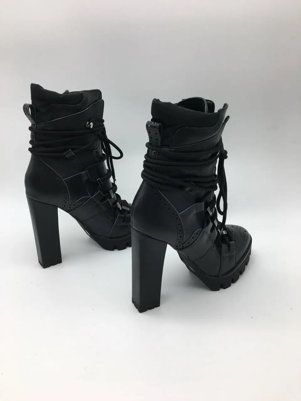 Sestito Women Cool Black Cross-tied Platform Motorcycle Boots Ladies Square High Heels Ankle Boots Girls Real Leather Shoes