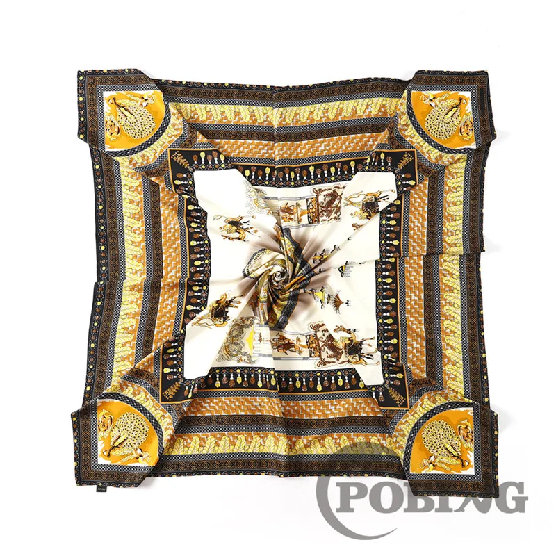 POBING 100% Silk Scarf Women Large Shawls Palace Horse Print Stoles Square Bandana Spain Kerchief Scarf Female Foulards 130CM