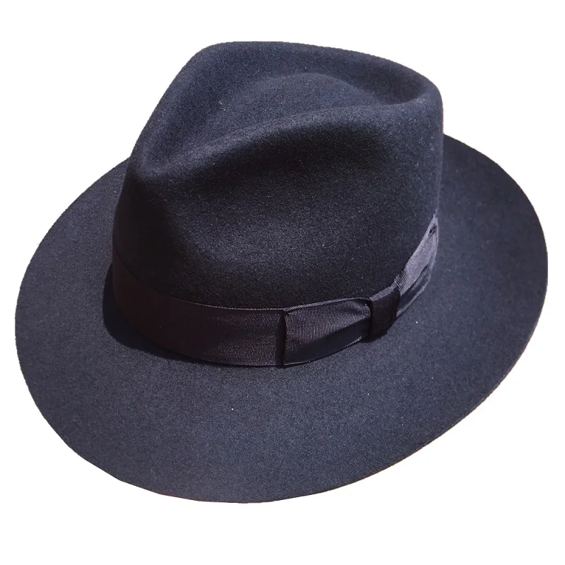 Classic Deep Blue Wool Men\'s Fur Felt Fedora Hat Gangsters Hipsters