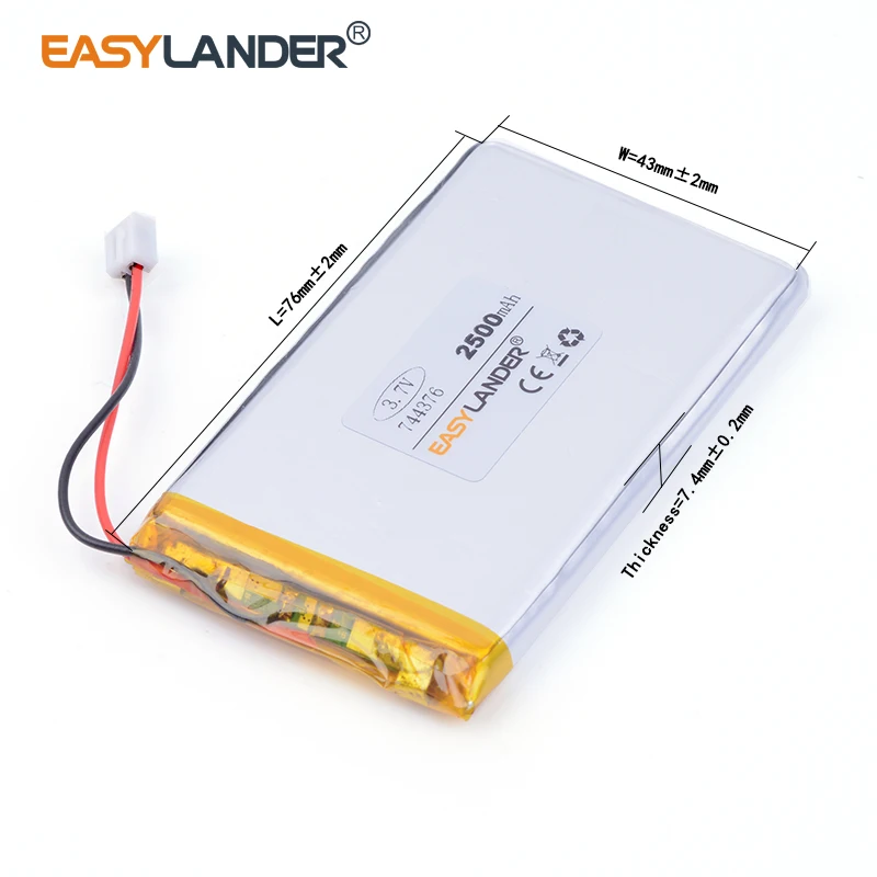 10pcs /Lot 744376 3.7v 2500mAh XHR-2P 2.54  Li ion polymer rechargeable battery For Vedio Game andorid phone PDA Tools 754575