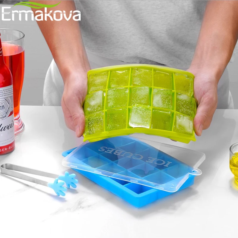 ERMAKOVA Silicone Ice Cube Mold Tray with Lid Easy Release Square Ice Tray Mold Holder Ice Cream Maker Jelly Pudding Mold