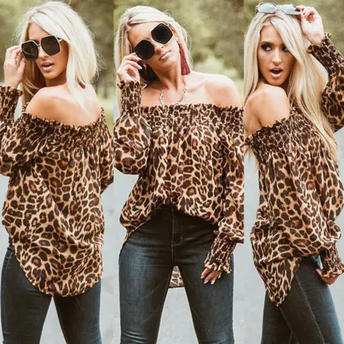 Women Leopard Print Long Sleeve Off Shoulder Blouses Woman Party Club Blouse Ladies Summer Casual Tops Female Clothes Hotsale