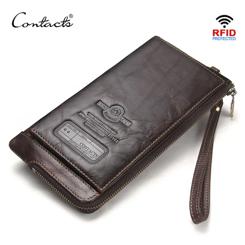 Cartera larga de cuero genuino de CONTACT'S para hombre, cartera plegable con cremallera para hombre, tarjetero, monedero, Clip para dinero, bolso de mano para mujer