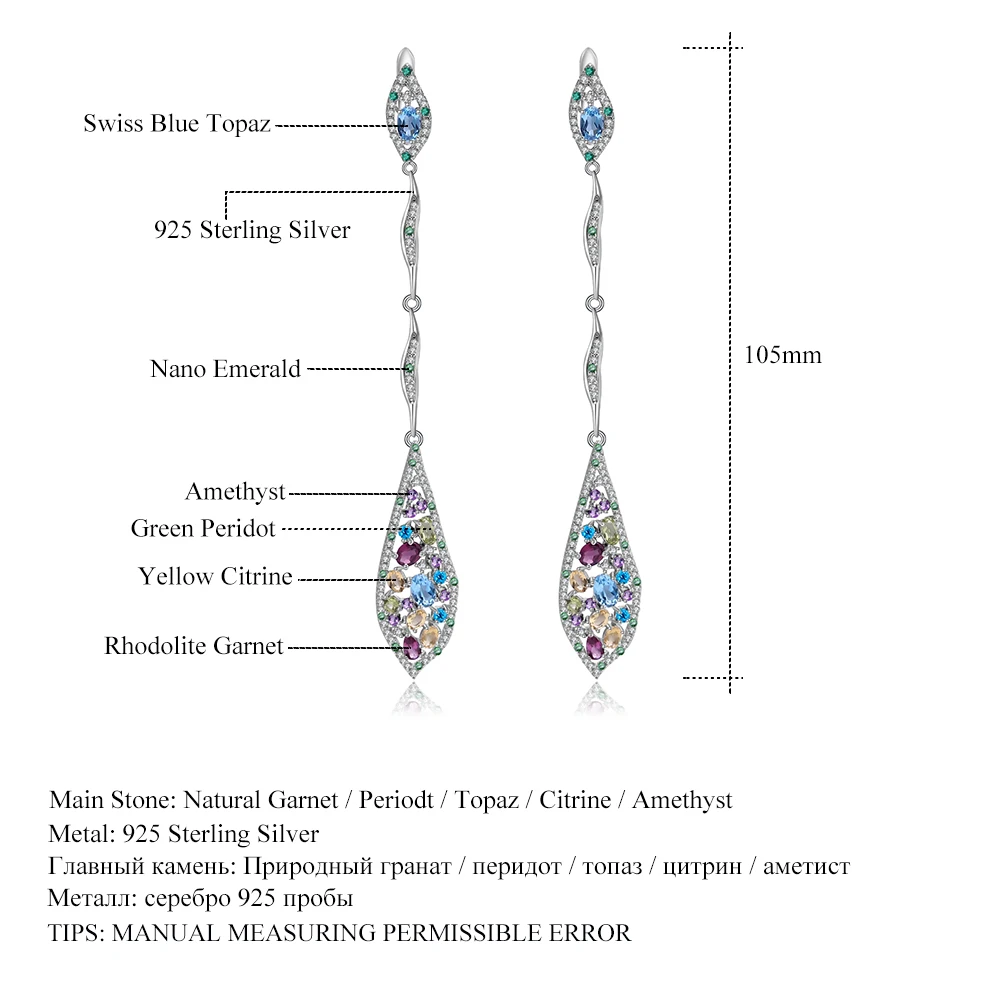 GEM\'S BALLET Multicolor Natural Topaz  Amethyst Garnet Peridot Citrine 925 Sterling Silver Long Drop Earrings For Women Jewelry