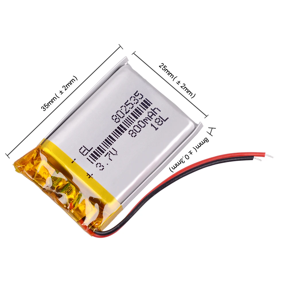 3.7V 800mAh 802535 Rechargeable Lithium Li-ion Polymer Battery for Bluetooth DVR player dashcam recorder Registrar