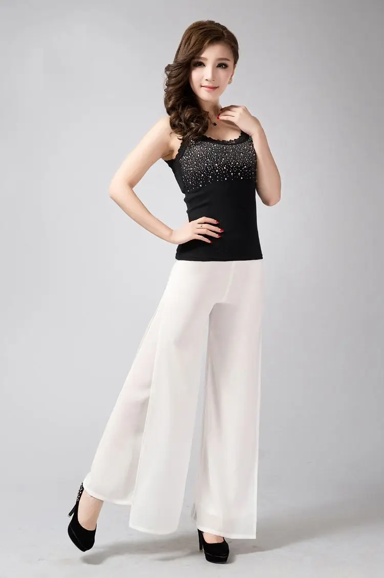 Nova chegada sólida chiffon duplo deck calças compridas calças de dança das mulheres calças cruzadas alta qualidade 5xl ol casual calças largas perna