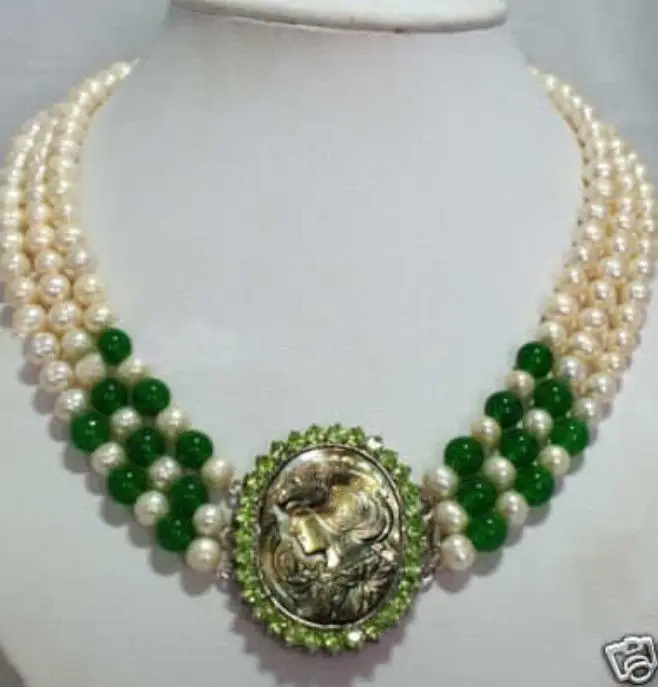 women good Fast SHIPPING>>>Natural 3 row white Akoya pearl & green  necklace (A0502) CZ Crystal stone gems