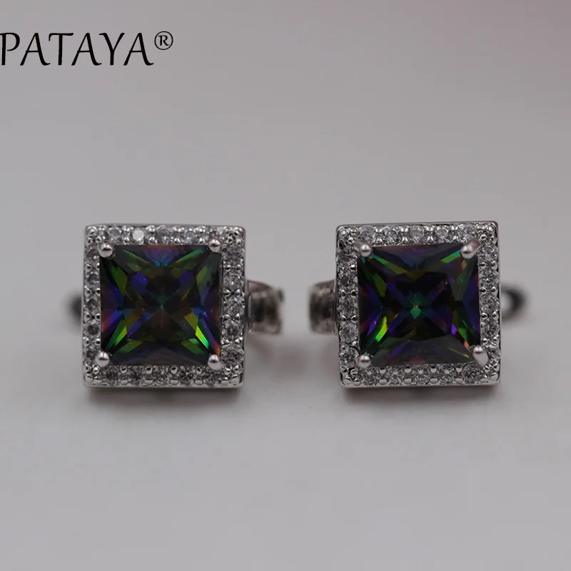 PATAYA New Square Natural Zircon Earrings True White Gold Color Small Size Simple Dangle Earrings Women Romantic Hollow Jewelry