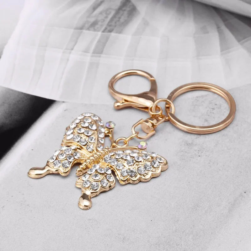 Fashion Charm Keychain Rhinestone Metal Butterfly Keyring Pendant Purse Bag Gift