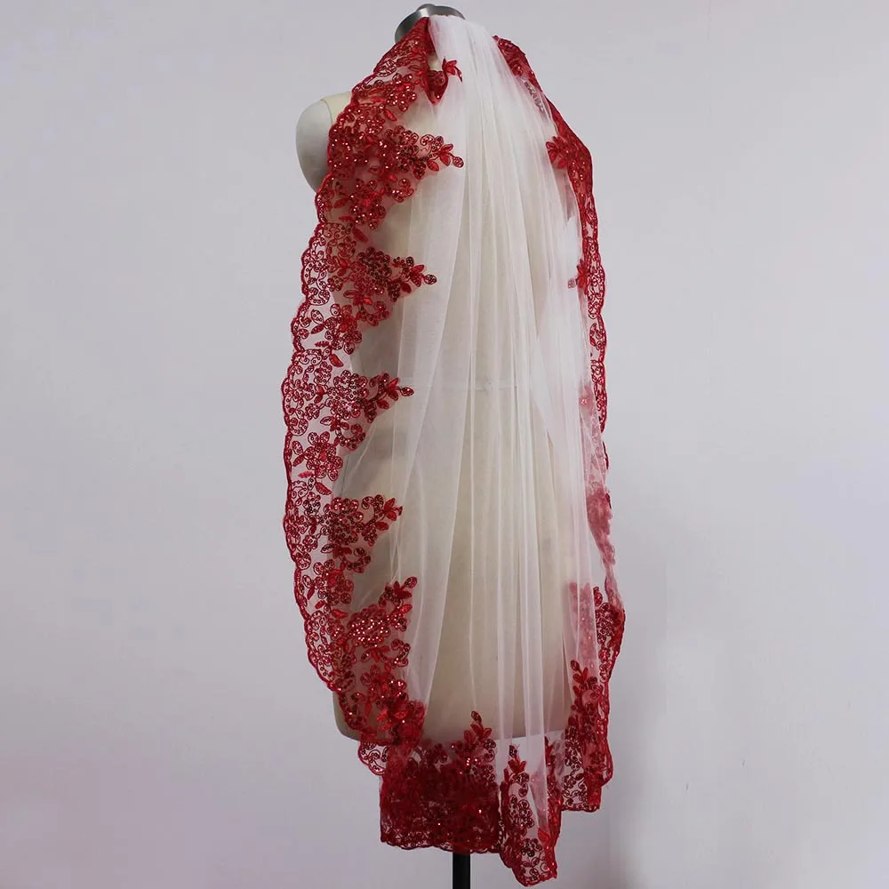 Real Photos Short Red Lace One Layer White Ivory Tulle Wedding Veil with Comb Bling Sequins Lace Bridal Veil Boile Mariage