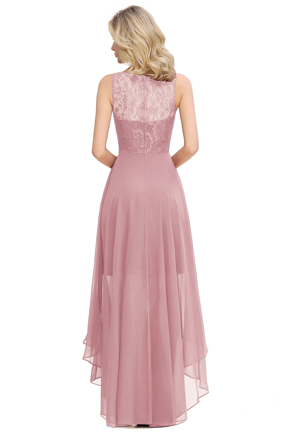 Rosa chiffon longo vestidos de dama de honra alta baixa casamento vestido de festa convidado sem mangas laço flor madrinha