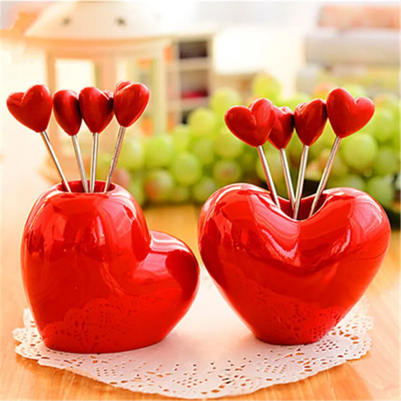 100set/lot Useful Cute Love Heart Fruit Fork Home Kitchen Utility Stainless Steel Fork