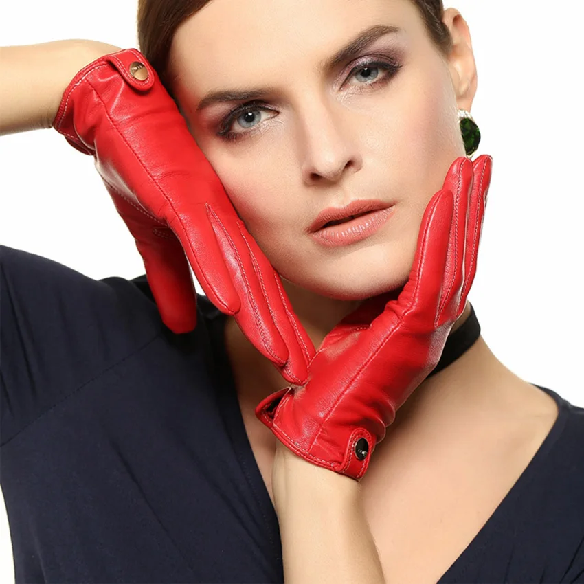 Real Leather Gloves Female Thin Silky Lined Fashion Short Design Wrist Genuine Sheepskin Driving Women Gloves EL033PN