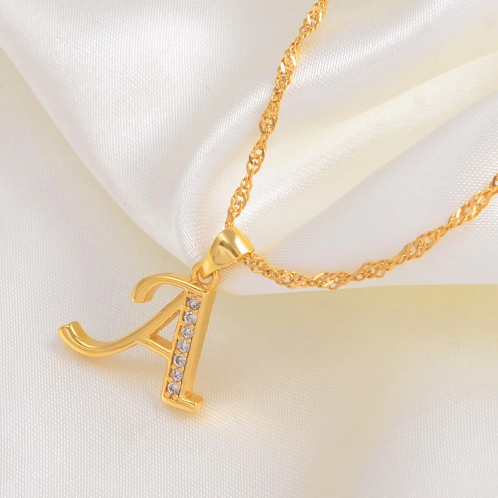 Anniyo A-Z Letters Necklaces Gold Color Alphabet Initial Pendant Chain Women Girl Cubic Zirconia English Letter Jewelry #040602